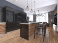 Modern kitchen with wood and gloss black kitchen cabinets, kitchen island with bar stools, stone countertops, built-in appliances Royalty Free Stock Photo