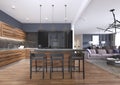 Modern kitchen with wood and gloss black kitchen cabinets, kitchen island with bar stools, stone countertops, built-in appliances