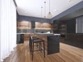 Modern kitchen with wood and gloss black kitchen cabinets, kitchen island with bar stools, stone countertops, built-in appliances Royalty Free Stock Photo