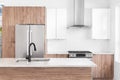 A modern kitchen with wood and white cabinets. Royalty Free Stock Photo