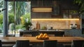 Modern kitchen with wooden dining table and a bowl of lemons in the foreground, and an open space with lush greenery in the Royalty Free Stock Photo