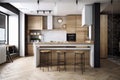 a modern kitchen with wooden flooring and a white counter top with stools and a bar with stools on it and a clock on the wall Royalty Free Stock Photo