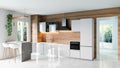 Modern kitchen with wooden wall and white marble floor, minimalistic interior design concept idea, 3D illustration