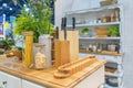 Modern kitchenware on wooden top counter interior for home and living achitecture decoration contemporary