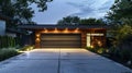 Modern kogara home evening view with wooden garage door and concrete driveway in cinematic lighting