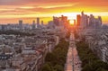 Modern La Defense quarter at sunset, view from the Arc de Triomphe in Paris Royalty Free Stock Photo