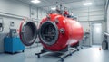 Modern lab features large red vacuum chamber. Scientific experiment equipment inside chamber and external control panel. Advanced Royalty Free Stock Photo