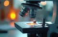 Modern lab microscope with adjustable lens focuses on slide under bright orange light. Scientific instrument for precise viewing Royalty Free Stock Photo