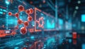 Modern lab setting AI drug development. Digital molecular models, complex data visualizations on screens demonstrate tech fusion