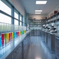 Modern laboratory featuring rows of test tubes with vibrant liquids in varying colors on the left workbench. Royalty Free Stock Photo