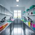 Modern laboratory featuring stainless steel workbenches lined with microscopes and colorful Royalty Free Stock Photo