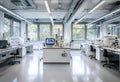 Modern laboratory interior featuring multiple workstations, advanced equipment, and large windows allowing natural light, creating Royalty Free Stock Photo