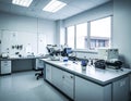 Modern laboratory interior with scientific equipment and large windows Royalty Free Stock Photo
