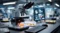 Modern Laboratory Microscope on Desk with Computer Setup and Samples Royalty Free Stock Photo