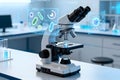 Modern laboratory microscope with futuristic holographic interface displaying bacteria Royalty Free Stock Photo
