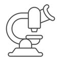 Modern laboratory microscope thin line icon, pharmacy concept. Vector graphics. Microscope, magnifying lens tool sign on