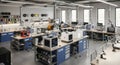 Modern laboratory with multiple 3D printers, filament spools, and workstations set up for innovation and manufacturing Royalty Free Stock Photo