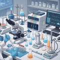 Data. Shelves hold reagent bottles. The equipment and setup suggest a Royalty Free Stock Photo