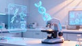 A modern laboratory scene with a microscope on a workbench. AI Image. Royalty Free Stock Photo