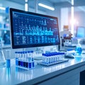 A modern laboratory setting with a computer displaying scientific data and analysis, alongside racks of test tubes filled with Royalty Free Stock Photo