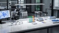 Modern laboratory setting featuring a white workbench with scientific equipment Royalty Free Stock Photo