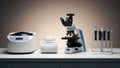 Laboratory Equipment Microscope, Centrifuge, and Pipettes on a Table Royalty Free Stock Photo