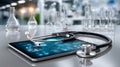 A modern laboratory with a tablet and a stethoscope in the foreground. Royalty Free Stock Photo