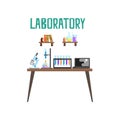 Modern laboratory workplace. Equipment for scientific experiments and research microscope, test tubes, spirit lamp