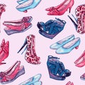 Modern ladies shoes: wedge, slingbacks, stilettos, court shoes and kitten heel in red and blue colors palette Royalty Free Stock Photo