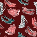 Modern ladies shoes: wedge, slingbacks, stilettos, court shoes and kitten heel, red, white, green colors neon palette Royalty Free Stock Photo