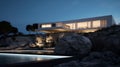 Modern Lake House: A Stunning Nighttime Rendering In Cinema4d Royalty Free Stock Photo