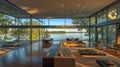 Modern Lakefront Living Room with Expansive Views Royalty Free Stock Photo