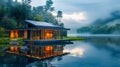 Modern Lakehouse at Dusk with Reflection. Generative ai Royalty Free Stock Photo