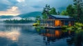 Modern Lakehouse at Dusk with Reflection. Generative ai Royalty Free Stock Photo