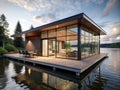 A modern lakeside cabin with sleek architecture