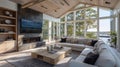 Modern lakeside living room with panoramic windows and cozy decor Royalty Free Stock Photo