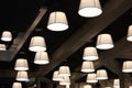 Modern lamps and bulbs hanging from the ceiling radiate light in an office. ceiling of the central library of rotterdam. Royalty Free Stock Photo