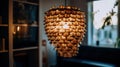 A modern lampshade made entirely of recycled plastic is hanging from a ceiling. AI generative image.