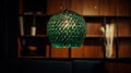 A modern lampshade made entirely of recycled plastic is hanging from a ceiling. AI generative image.