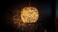 A modern lampshade made entirely of recycled plastic is hanging from a ceiling. AI generative image.