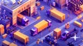 Modern landing page with isometric warehouse interior, trucks, drones, and working people. Logistic infrastructure for Royalty Free Stock Photo
