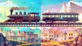 Modern landing pages with cartoon illustration of city landscape and railway with a vintage train in western town. Train Royalty Free Stock Photo