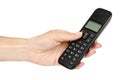modern landline cordless phone with hand, old technology concept Royalty Free Stock Photo