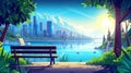 Modern landscape with city park bench and river in the background. Seaside resort and skyline with a sunset on the Royalty Free Stock Photo