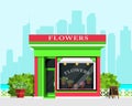 Modern landscape with flower shop icon, fence, flowers and bushes. Flat style.