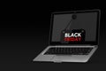 Modern Laptop with Black Friday Sale Hanging Banner Sign. 3d Rendering Royalty Free Stock Photo