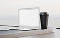 Modern Laptop Blank Screen Table Black Take Away Cup Inside Interior First Class Cabin Fast Speed Train.Empty Window