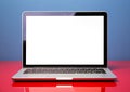 Modern laptop closeup on red modern desk Royalty Free Stock Photo