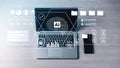 Modern laptop computer with artificial intelligence graphics showcasing data analysis, digital security, and technology Royalty Free Stock Photo