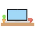 Modern laptop computer with cactus flower in pot and cup in cartoon flat style on white, stock vector illustration Royalty Free Stock Photo